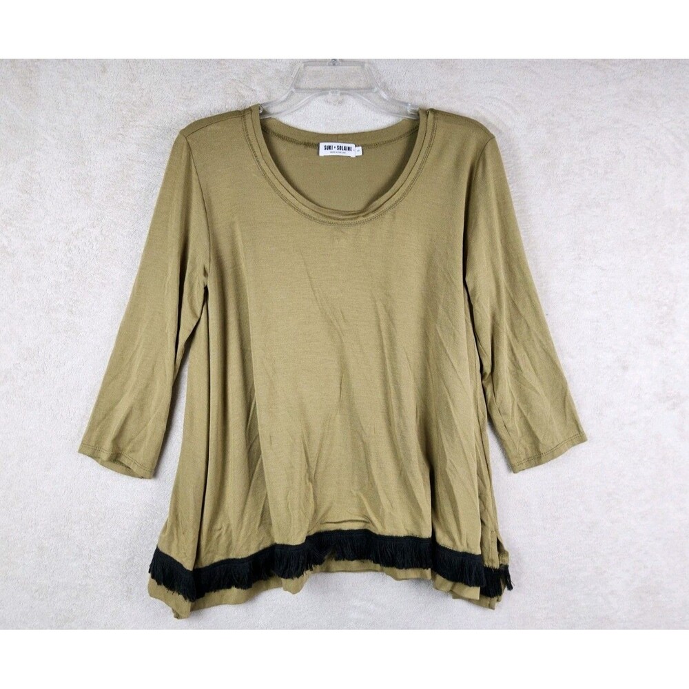 Suki + Solaine Women's 3/4 Sleeve Fringe Trim Blouse Top Size S